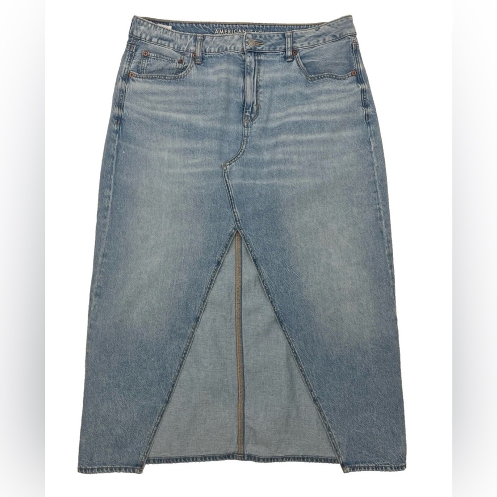 American Eagle Outfitters Light Blue Denim Midi Skirt with Front Slit